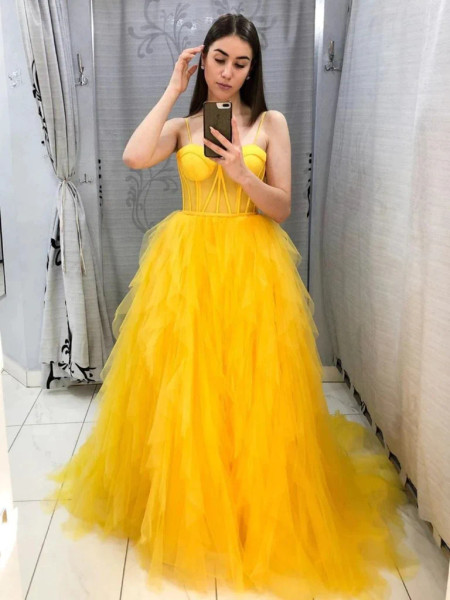 Shop 2023 ANNAKOO Sweetheart Fluffy Yellow Tulle Long See Through Prom Dress Under 136