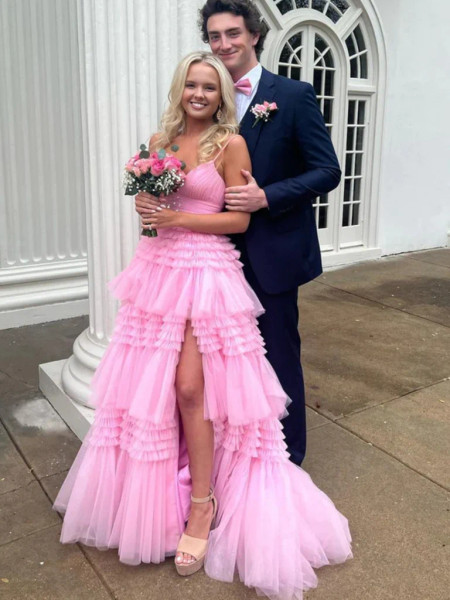Shop 2023 ANNAKOO  V Neck Layered Pink Tulle Long Prom Dress With Slit Under 188