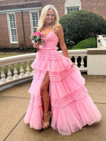 Shop 2023 ANNAKOO  V Neck Layered Pink Tulle Long Prom Dress With Slit Under 188
