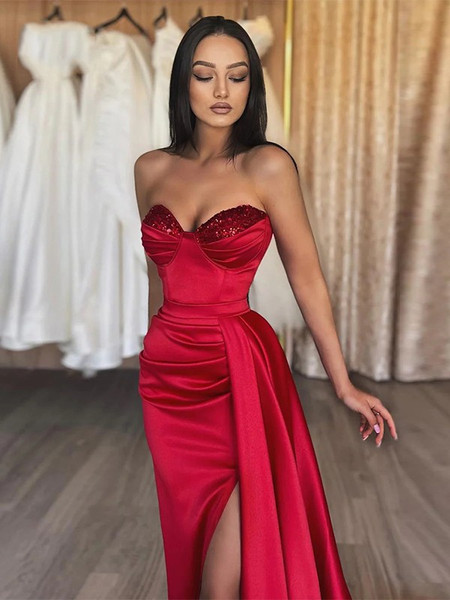 Shop 2023 ANNAKOO Red Satin Ruched Sweetheart Mermaid Prom Dress Under 135