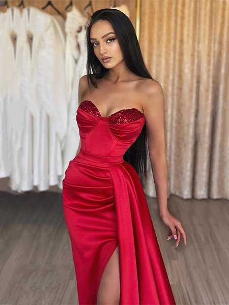 Shop 2023 ANNAKOO Red Satin Ruched Sweetheart Mermaid Prom Dress Under 135