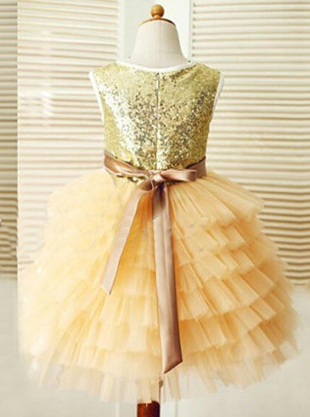 Ball Gown Gold Scoop Tulle Ruffles Flower Girl Dress