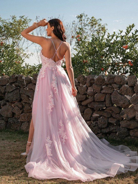 Shop 2023 ANNAKOO V Neck Backless Tulle Pink Lace Long Prom Dress Under 168