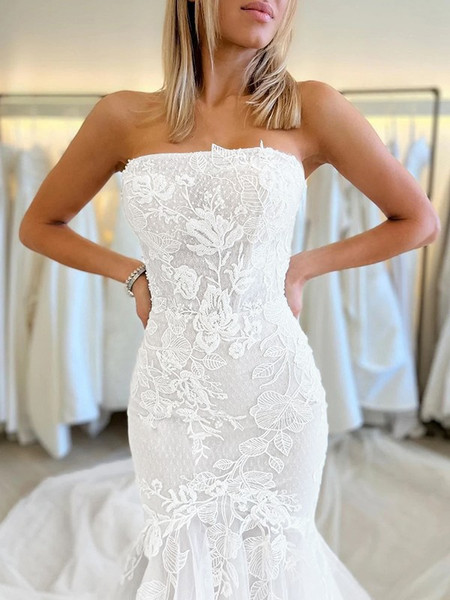 Shop 2023 ANNAKOO Trumpet Mermaid Tulle Applique Strapless Cathedral Train Wedding Dress Under 268