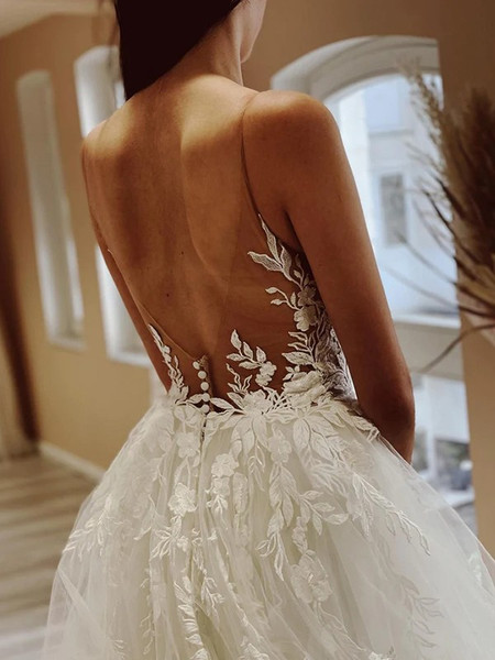 Shop 2023 ANNAKOO Princess Tulle Applique Scoop Chapel Train Wedding Dress Under 188