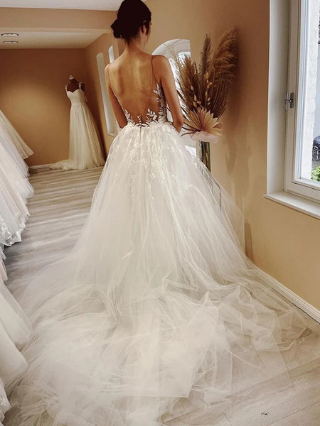 Shop 2023 ANNAKOO Princess Tulle Applique Scoop Chapel Train Wedding Dress Under 188