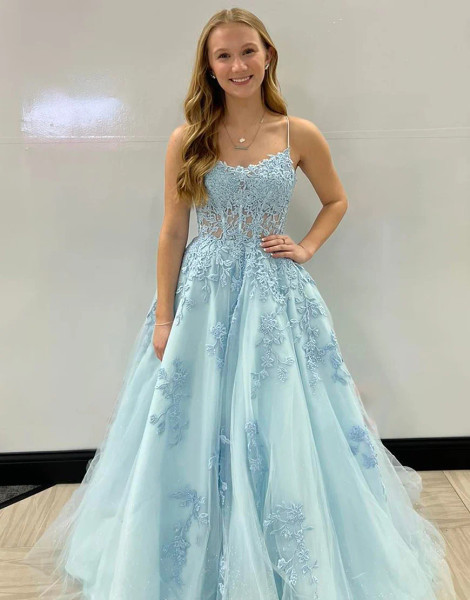 Shop 2023 ANNAKOO Blue Spaghetti Straps Corset Back Prom Dress With Appliques Under 168