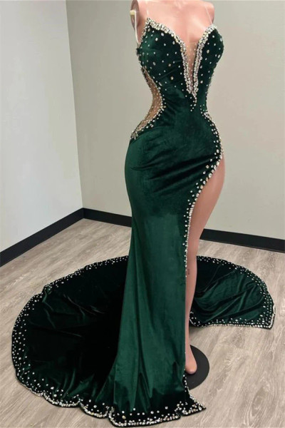 Shop 2023 ANNAKOO Deep V Neck Green Beading Trumpet Mermaid Prom Dress With Slit Under 248
