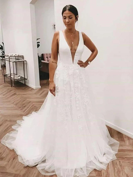 Shop 2023 ANNAKOO V Neck Backless White Lace Long Wedding Dress Under 175