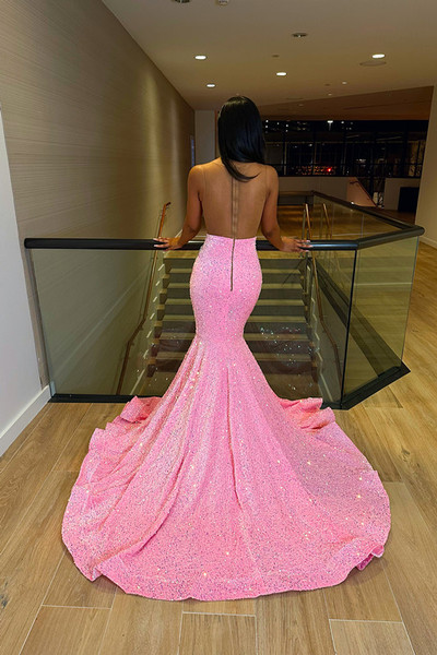 Shop 2023 ANNAKOO Pink Sequins V-Neck Mermaid Prom Dress With Crystals Under 269