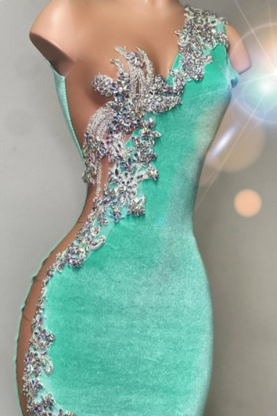 Mint Green Velvet Crstyal See Through Mermaid Prom Dress