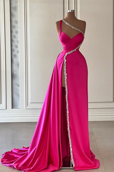 Shop 2023 ANNAKOO Fuchsia One Shoulder Mermaid Beading Prom Dress With Slit Under  195