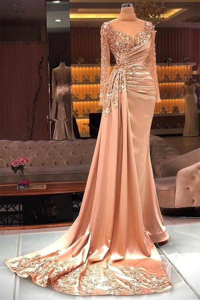 Shop 2023 ANNAKOO Gold Sheer High Neck Mermaid Long Sleeves Prom Dress Under 288