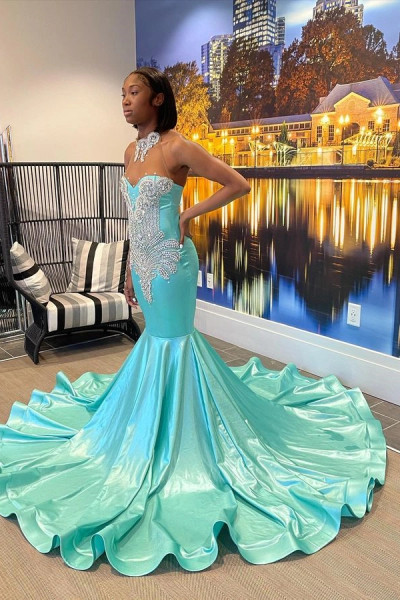 Shop 2023 ANNAKOO Mint Green High Neck Mermaid Satin Prom Dress Under 265