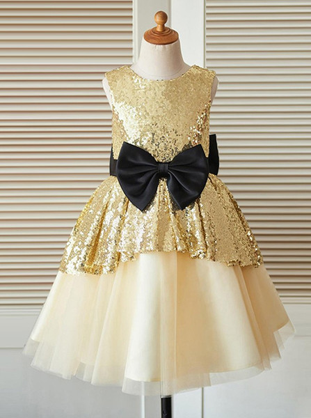 Simple Jewel Champagne Flower Girl Dress with Sequins Bow
