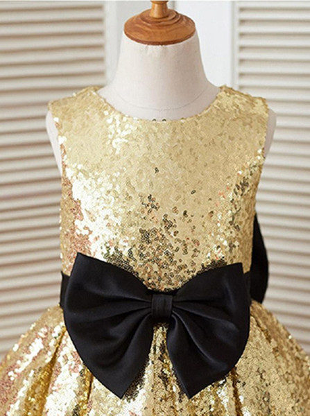 Simple Jewel Champagne Flower Girl Dress with Sequins Bow