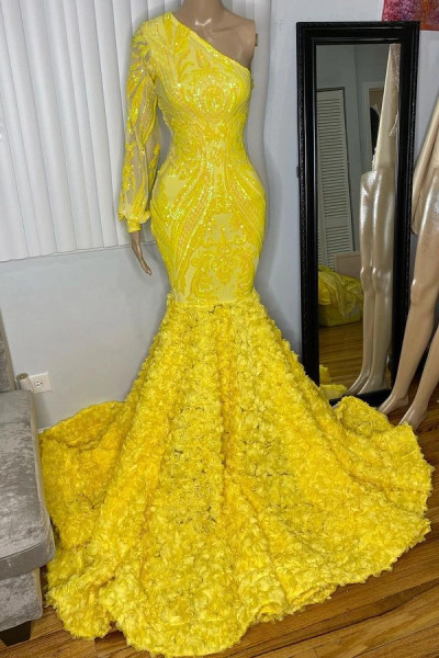 Shop 2023 ANNAKOO Yellow One Shoulder Mermaid Sequin Long Sleeve Prom Dress under 267