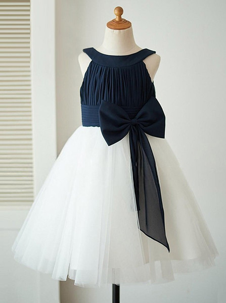 Cheap Bateau White Flower Girl Dress with Navy Blue Bow