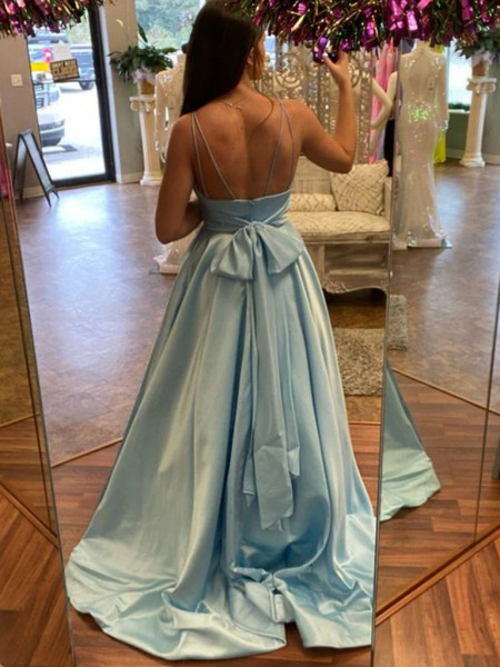 Shop 2023 ANNAKOO Open Back V Neck Blue Satin Prom Dress with Pocket Under 148