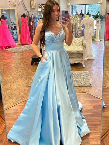 Shop 2023 ANNAKOO Open Back V Neck Blue Satin Prom Dress with Pocket Under 148