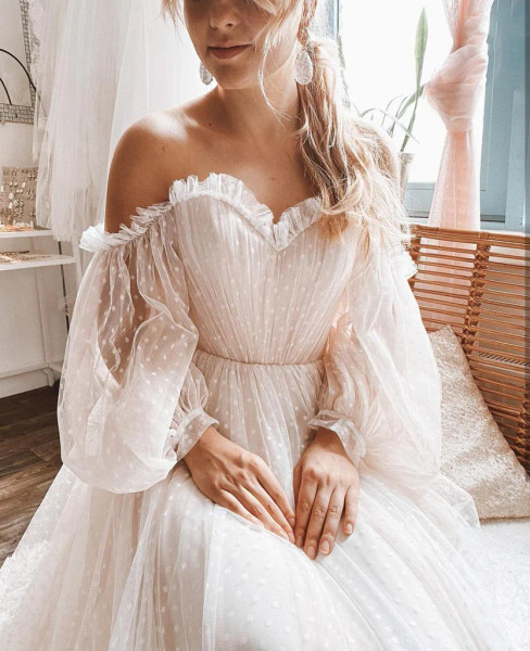 Shop 2023 ANNAKOO Princess Pink Long Sleeves Off Shoulder Wedding Dress Under 245