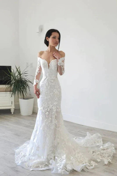 Shop 2023 ANNAKOO Long Sleeves Off Shoulder Lace Mermaid Wedding Dress Under 245