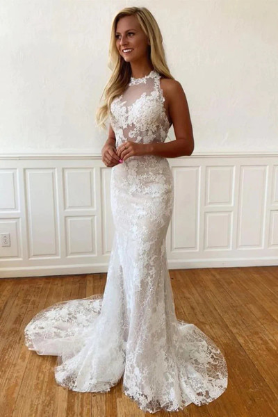 Shop 2023 ANNAKOO Halter Backless Mermaid Off  White Wedding Dress under 225