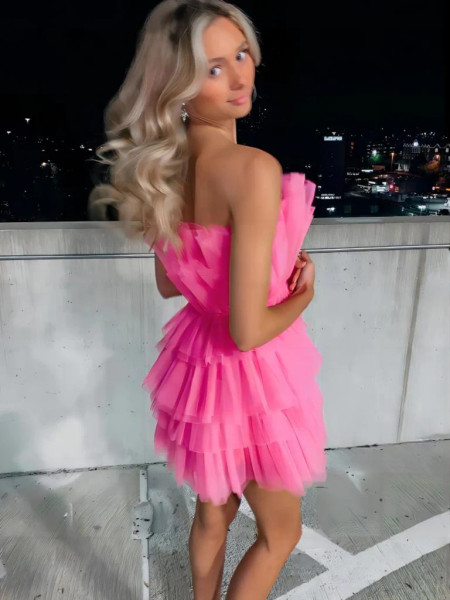 Shop 2023 Annakoo Hot Pink Tulle Ruched Strapless Homecoming Dress Under 138