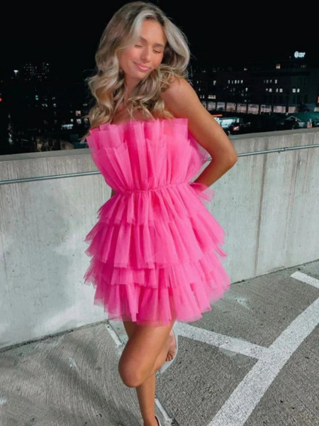 Shop 2023 Annakoo Hot Pink Tulle Ruched Strapless Homecoming Dress Under 138