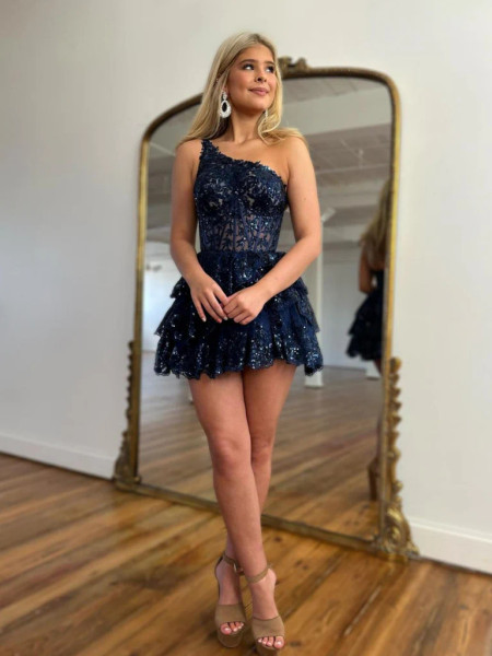 Shop 2023 ANNAKOO Shiny One Shoulder Navy Blue Homecoming Dress Under 145