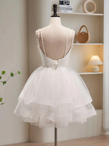 Shop 2023 ANNAKOO White V Neck Short Tulle Beading Homecoming Dress Under 134