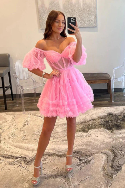 Shop 2023 ANNAKOO Princess Off Shoulder Pink Short Puffy Sleeve Homecoming Dress Under 149