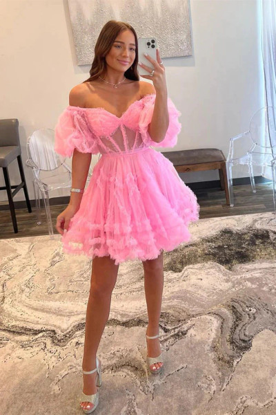 Shop 2023 ANNAKOO Princess Off Shoulder Pink Short Puffy Sleeve Homecoming Dress Under 149