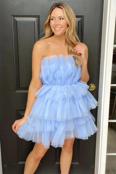 Shop 2023 ANNAKOO A Line Tulle Short Sky Blue Tiered Homecoming Dress Under 129