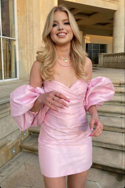 Shop 2023 ANNAKOO Sheath Pink Puffy Sleeve Sweetheart Mini Homecoming Dress Under 119