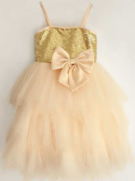 Pretty Spaghetti Straps Champagne Flower Girl Dress with Bow