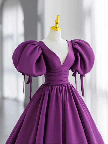 Shop 2023 ANNAKOO Puffy Sleeve Satin Purple Backless Prom Dress Under 168