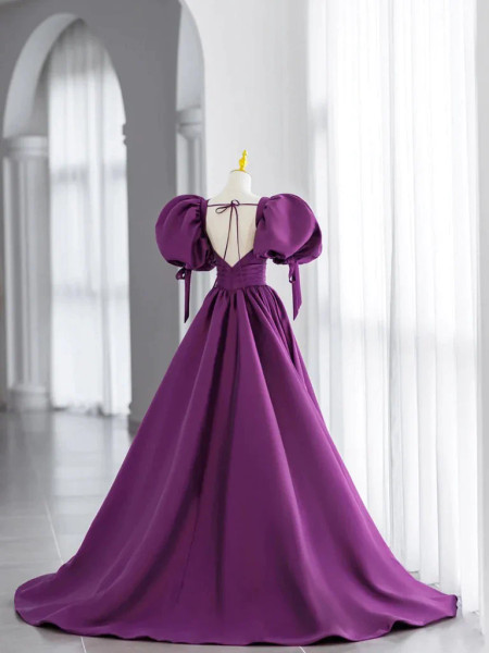 Shop 2023 ANNAKOO Puffy Sleeve Satin Purple Backless Prom Dress Under 168