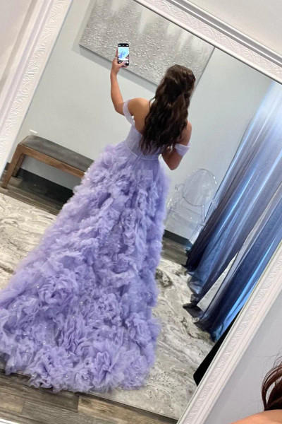 Shop 2023 ANNAKOO Lavender Off Shoulder Pleats Tulle Prom Dress Under 199