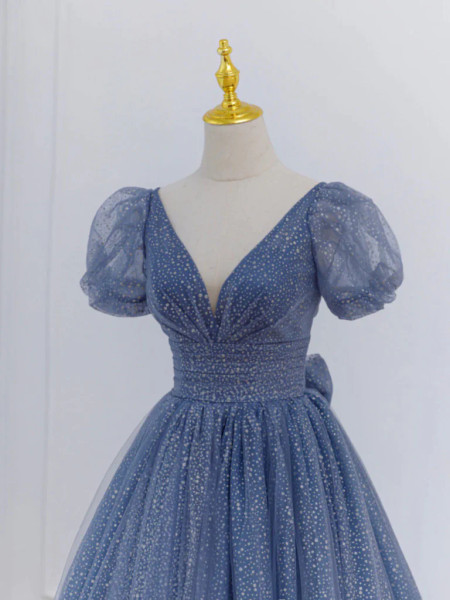 Shop 2023 ANNAKOO Blue Sparkle Tulle V Neck Short Sleeve Prom Dress With Bow Under 159