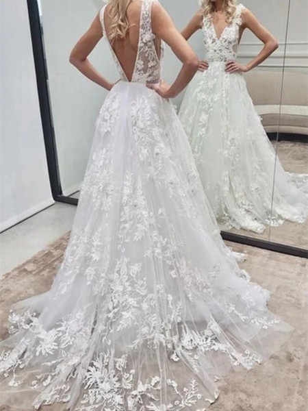 Shop Annakoo V Neck and V Back White Lace Appliques Wedding Dress Under 149