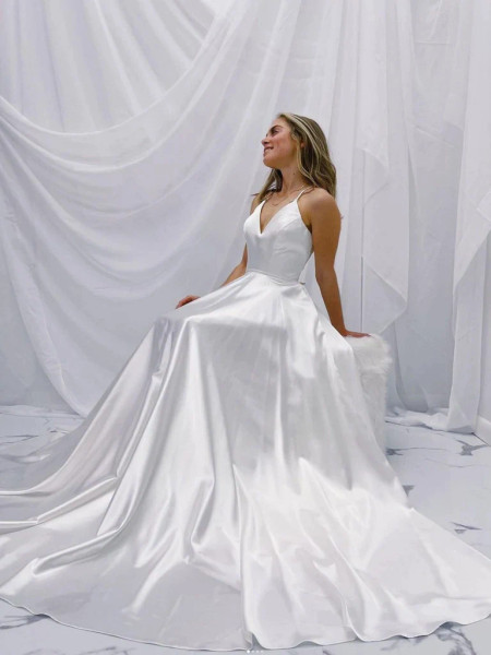 Shop 2023 ANNAKOO Simple V Neck White Satin A Line Wedding Dress Under 139