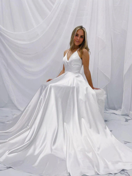 Shop 2023 ANNAKOO Simple V Neck White Satin A Line Wedding Dress Under 139