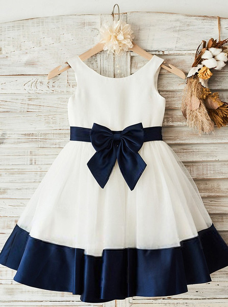 Navy Blue Bow Crew Neck White Flower Girl Dress