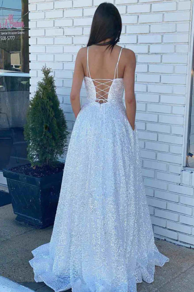 Shop 2023 ANNAKOO Straps Lace-Up Back White Sequin A-Line Prom Dress Under 159