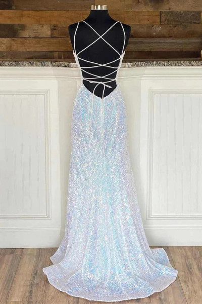 Shop 2023 ANNAKOO Sequin V-Neck Empire Mermaid White Prom Dress Under 159