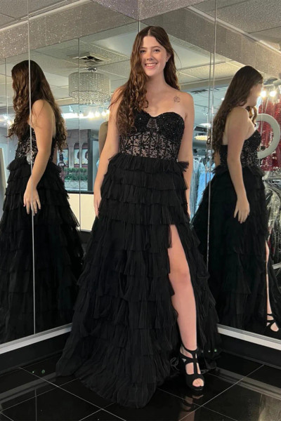 Shop 2023 ANNAKOO Strapless Black Lace Tulle Prom Dress with High Slit Under 159