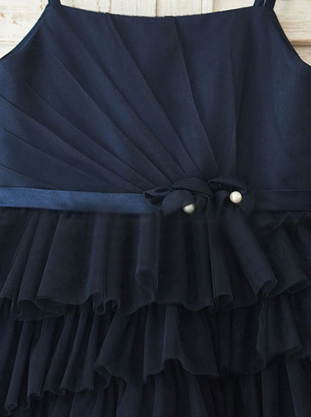 Cheap Spaghetti Straps Navy Tired Blue Flower Girl Dress