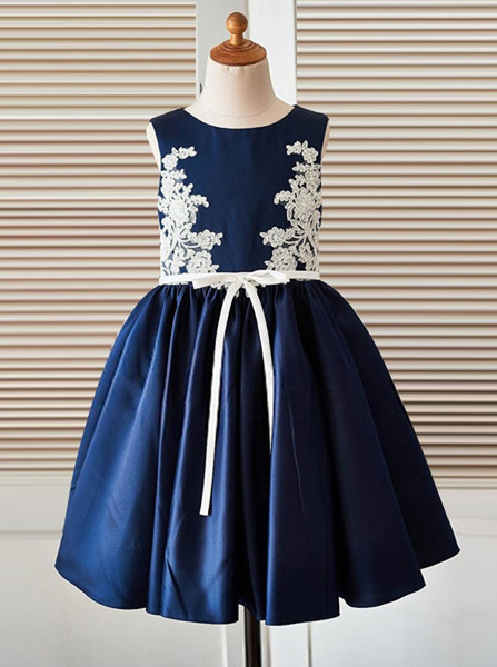 Appliques Jewel Navy Blue Satin Flower Girl Dress