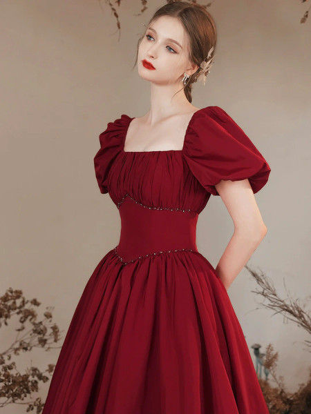 Shop 2023 ANNAKOO Burgundy Satin Puffy Sleeve Formal Evening Prom Dress Under 178